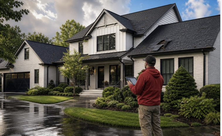 Renegade Roofing inspector documenting storm damage on a Huntersville home's roof