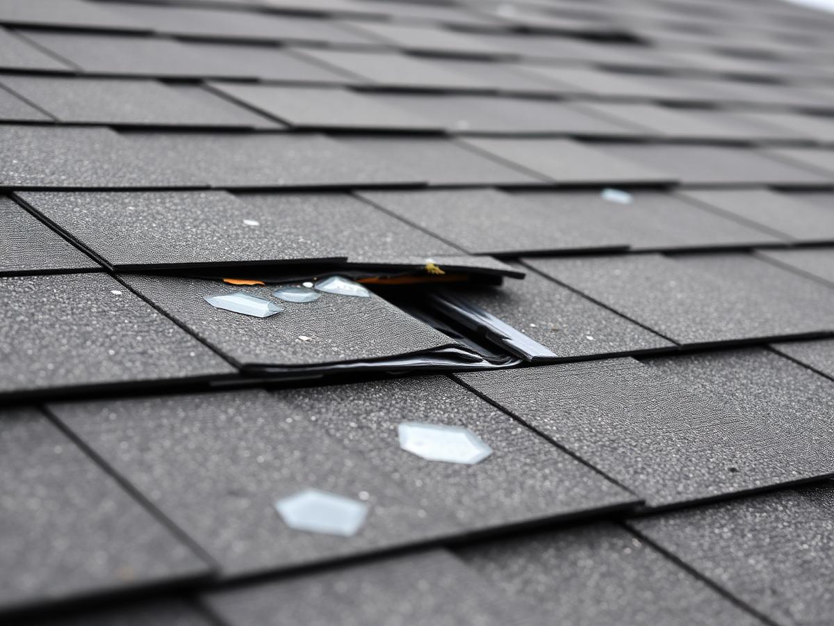 Hail-damaged asphalt shingles with lifted edges on a residential roof